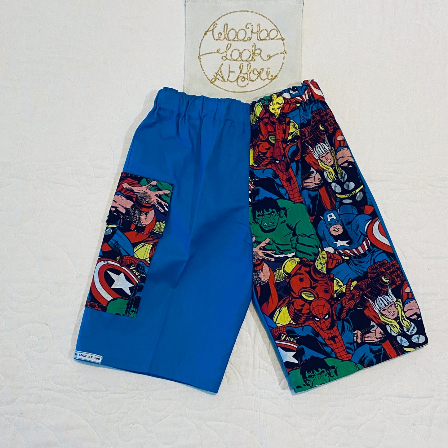 Pants - Cargo Shorts - Cobalt Blue with Action Figures, Flap Pocket for Rocks, Elastic Waist