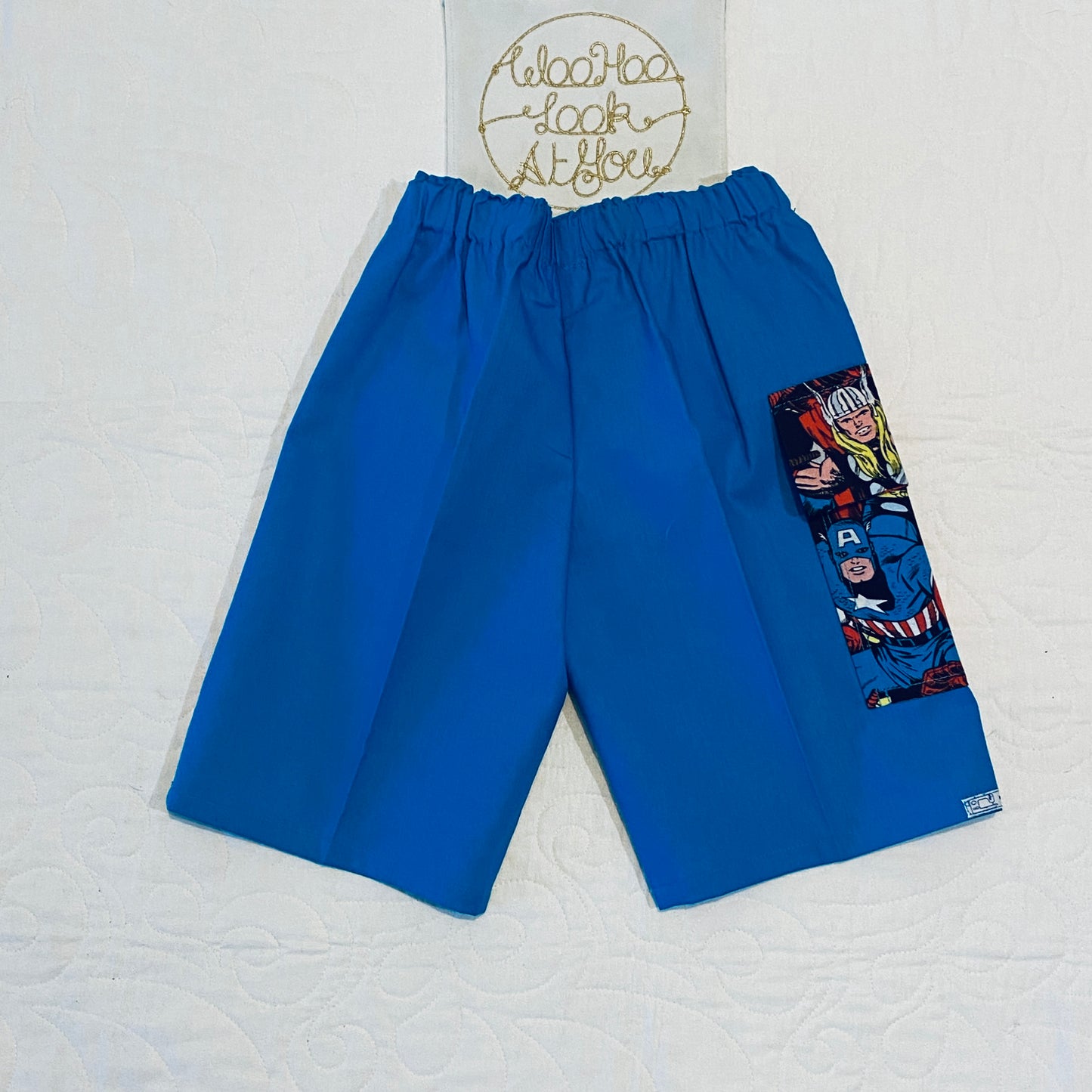 Pants - Cargo Shorts - Cobalt Blue with Action Figures, Flap Pocket for Rocks, Elastic Waist