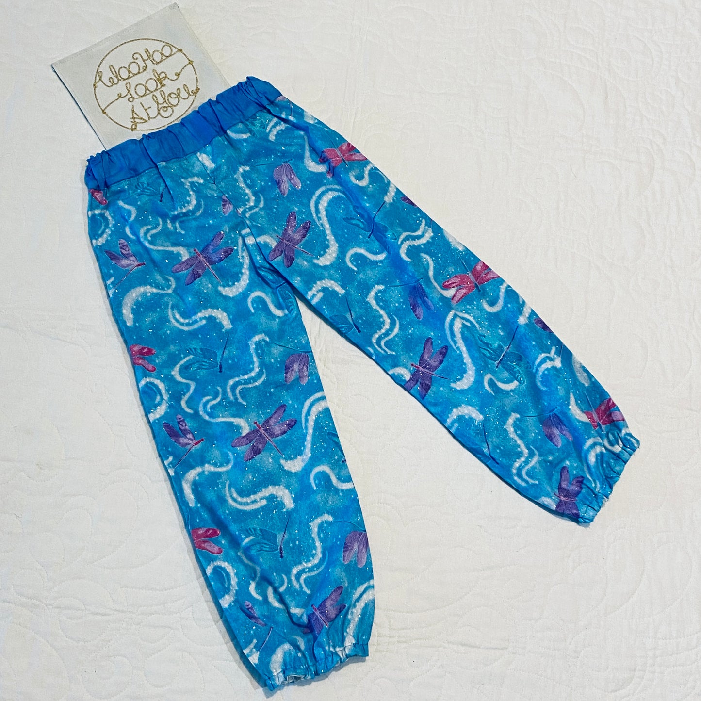 Pants with Pockets - Cotton - Glittered Dragonflies on Light Blue Background with Matching Blue Waistband