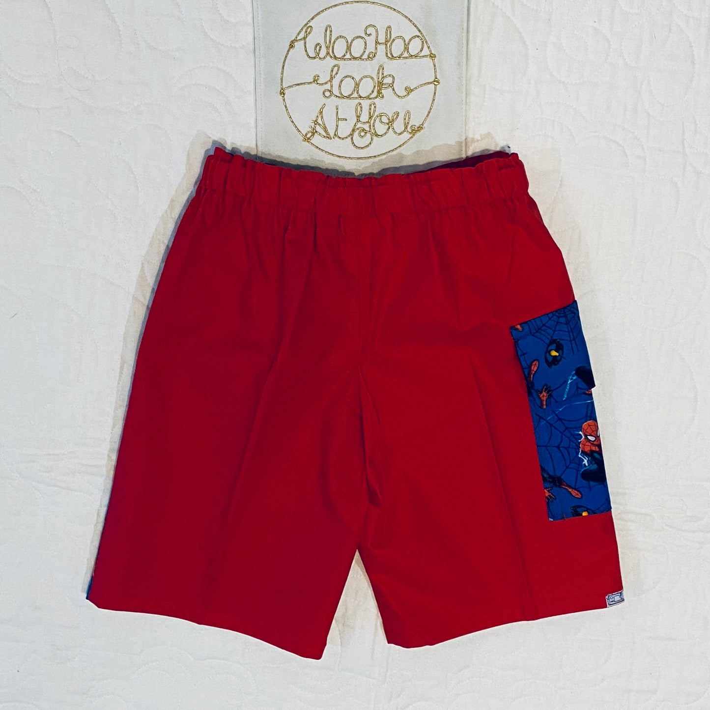 Pants - Cargo Shorts - Red with Action Figures, Flap Pocket for Rocks, Elastic Waist
