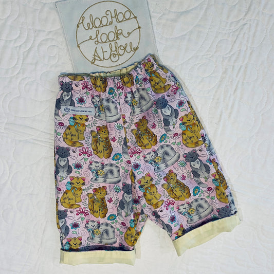 Pants - Buzoku Cotton - Lined - Pink Background, Orange and Grey Cats at Play with Lemon Yellow Trim