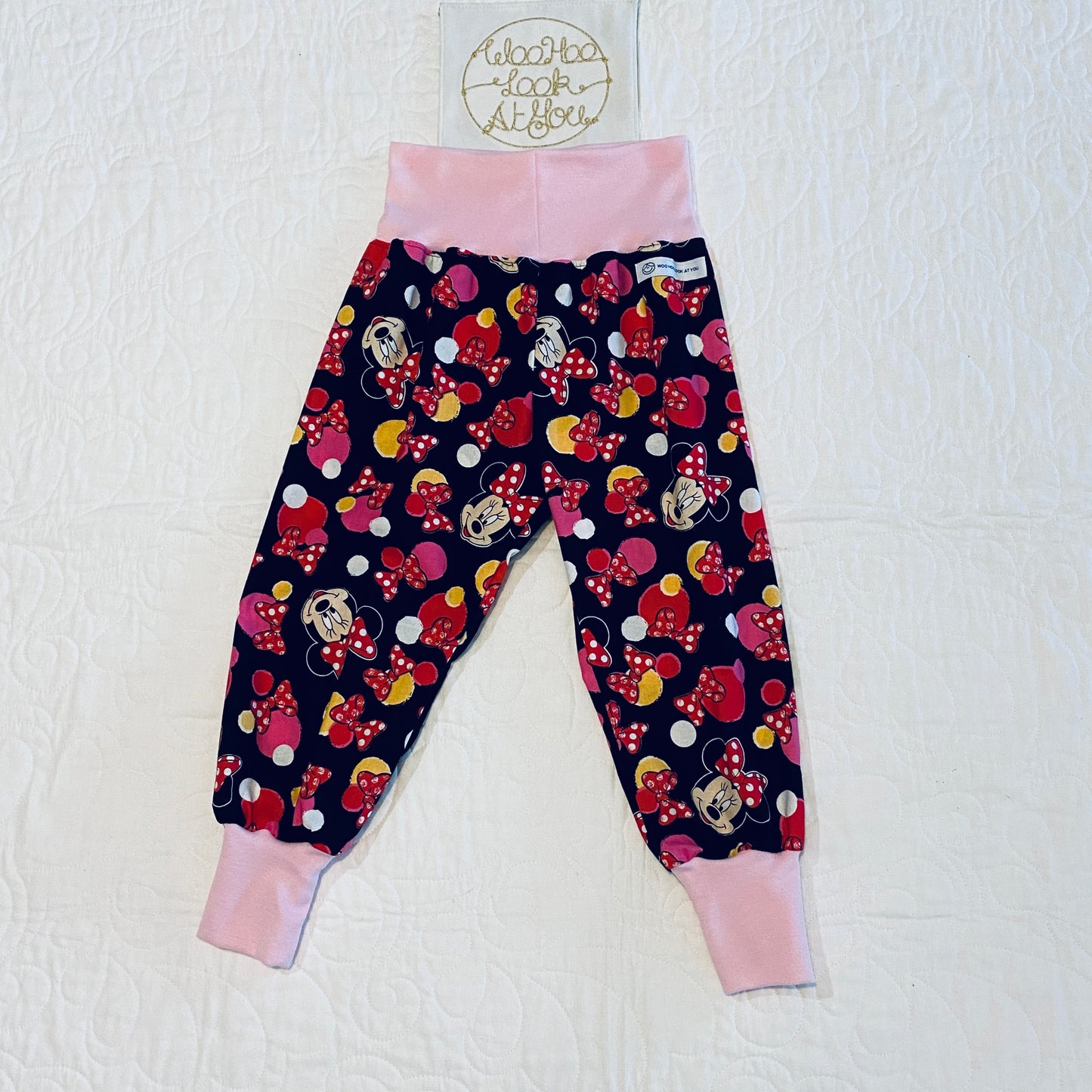 Pants - Harem - Ribbed Waist - Little Mouse on Black with Pink Bands