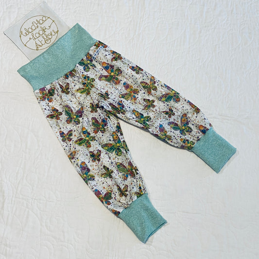Pants - Harem - Ribbed Waist -  Butterflies with Green Band
