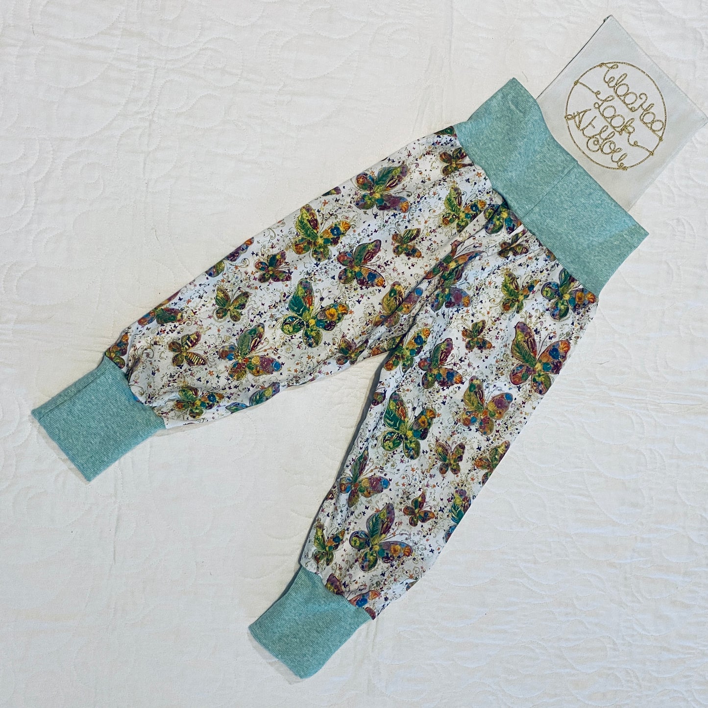 Pants - Harem - Ribbed Waist -  Butterflies with Green Band