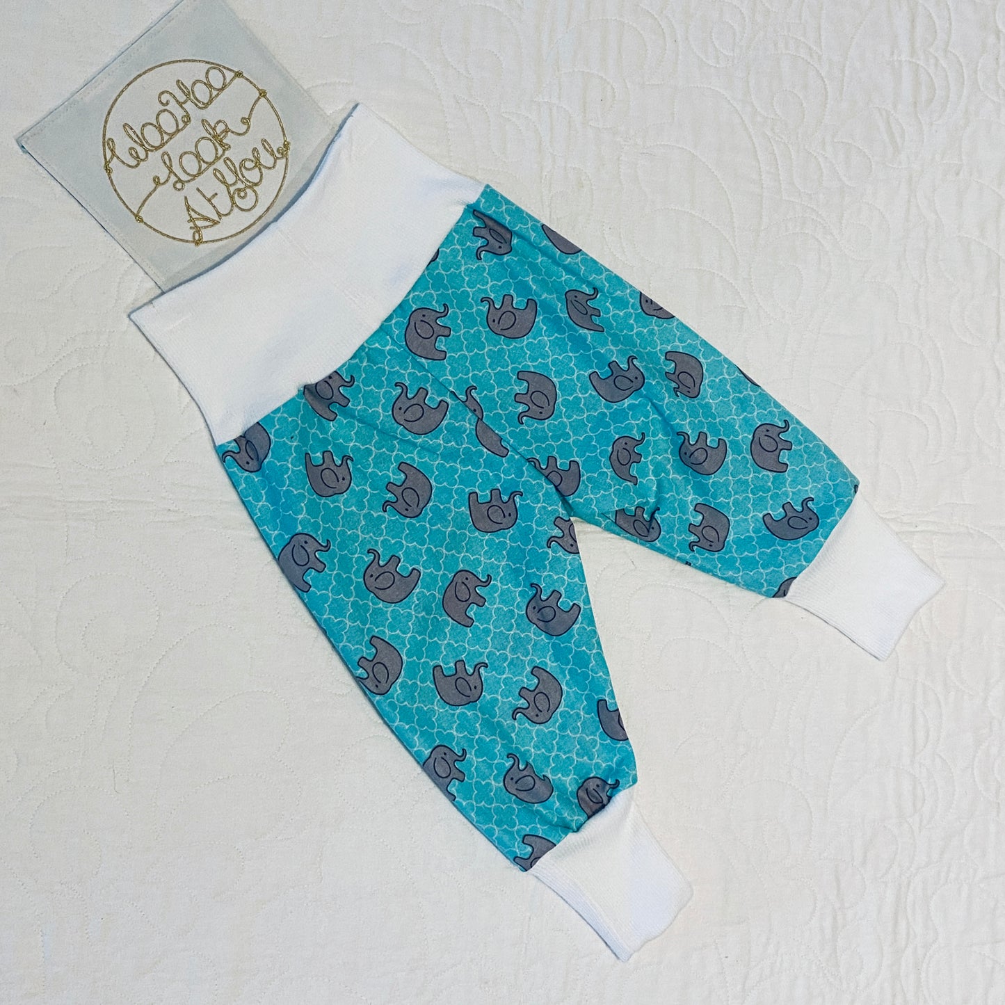 Pants - Harem - Ribbed Waist -  Elephants on Teal with White Bands