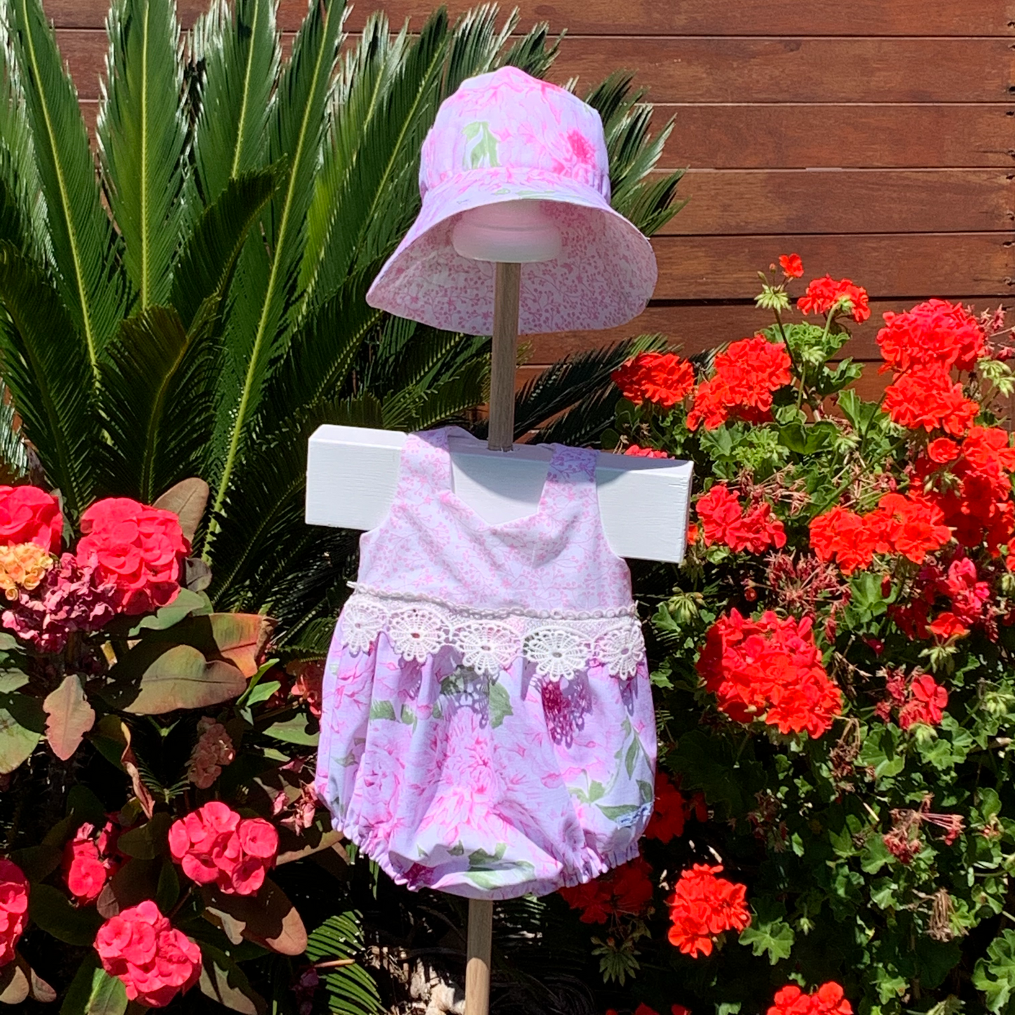 2 Piece - Romper with Flosstyle Hat - Floral Cotton Fabric and Lace Trims