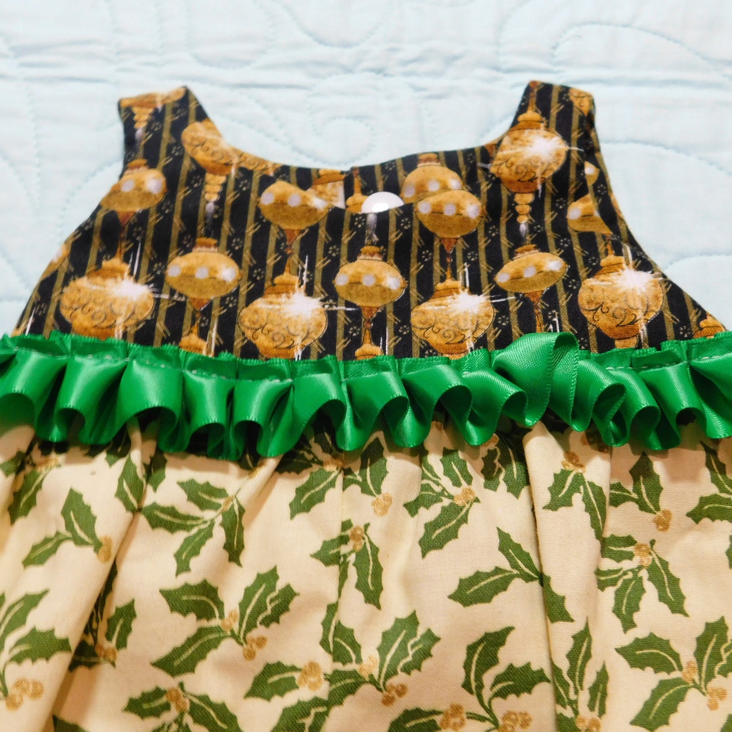 Romper - Christmas - Green & Gold Mistletoe & Green Pleated Ribbon