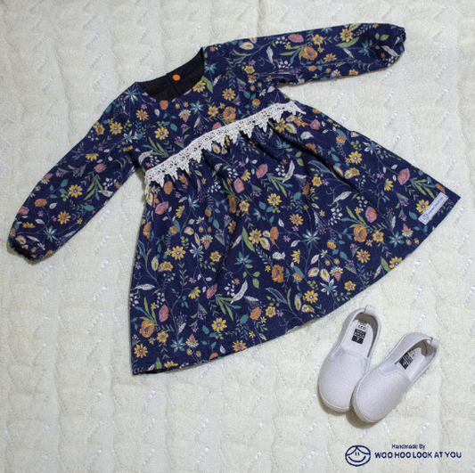 Dress - Long Sleeved Navy Gathered Flowers