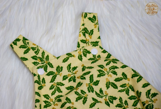 Romper - Christmas - Green Holly on Lemon Background, Bottle Green & Gold Sequin Trims