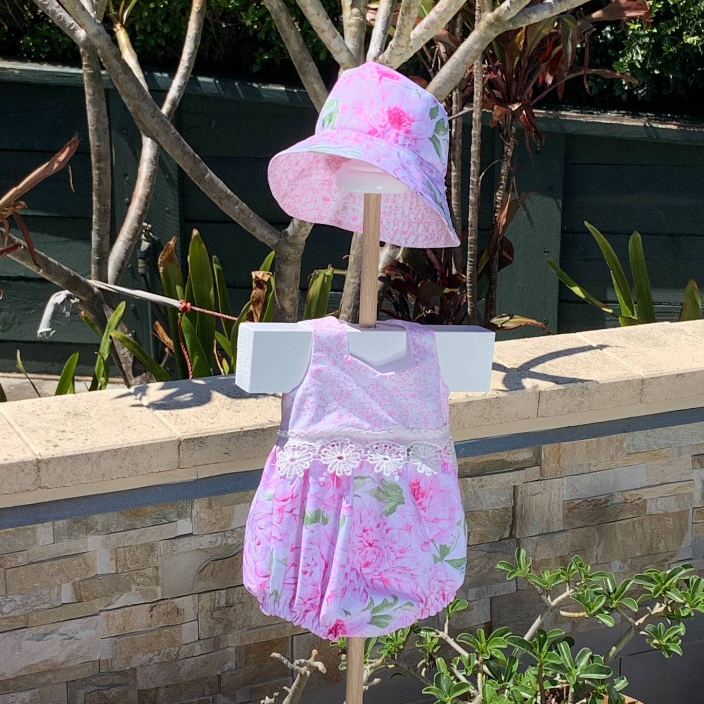 2 Piece - Romper with Flosstyle Hat - Floral Cotton Fabric and Lace Trims