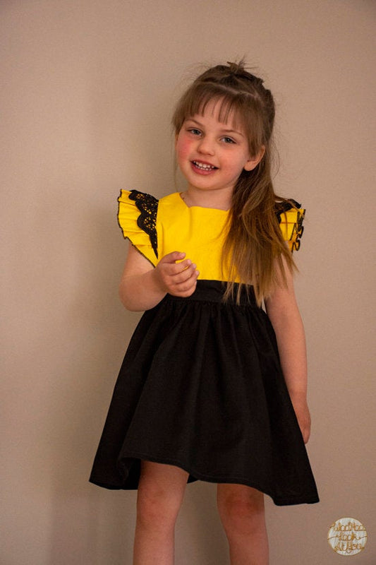 Dress - Pinafore - Emma Polly Yellow and Black with Black Lace Trim