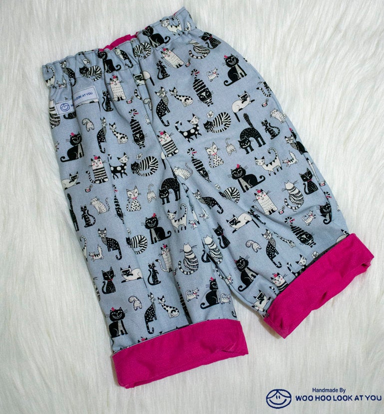 Pants - Buzoku Cotton - Lined - Black and White Cats on Grey with Hot Pink Trim