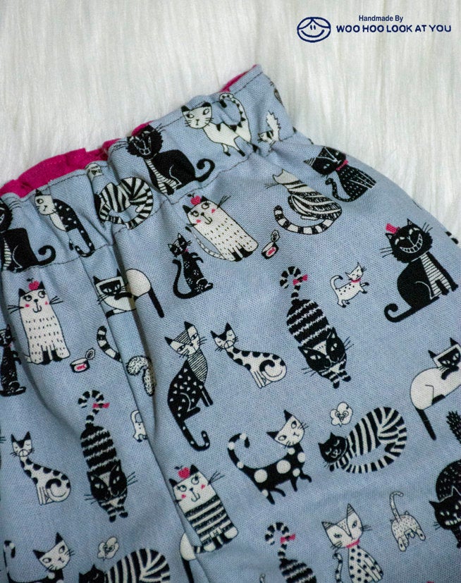 Pants - Buzoku Cotton - Lined - Black and White Cats on Grey with Hot Pink Trim