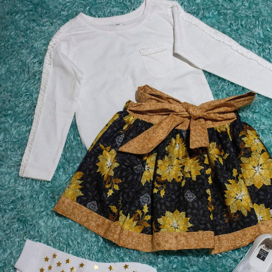 Skirt - Christmas - Bows & Sash Gold Poinsettias, Elastic Waist, Matching Bow and Trim on Hemline