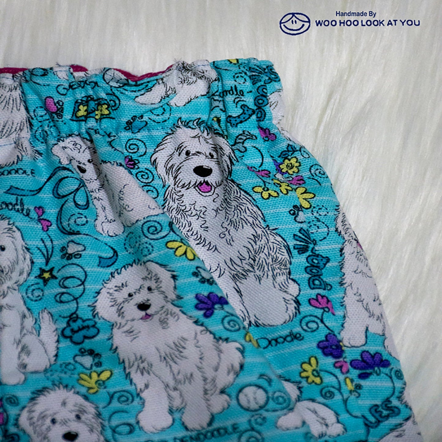 Pants - Buzoku Cotton - Lined - Scruffy White Dogs Playing on Blue with Burgundy Trim