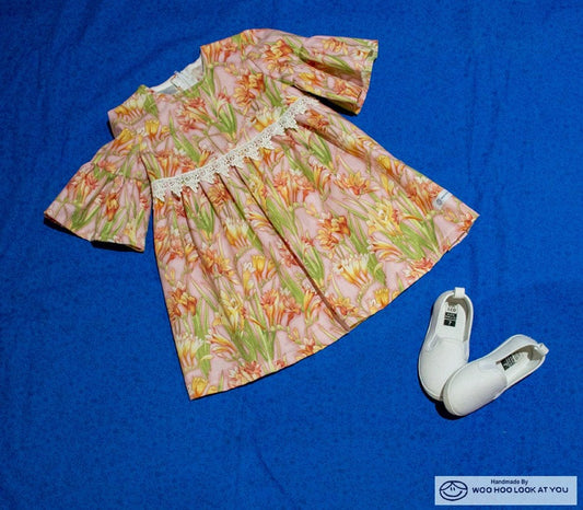 Dress - 3/4 Sleeve Floral Garden - Pink Tones,  3/4 Sleeve with Ruffle