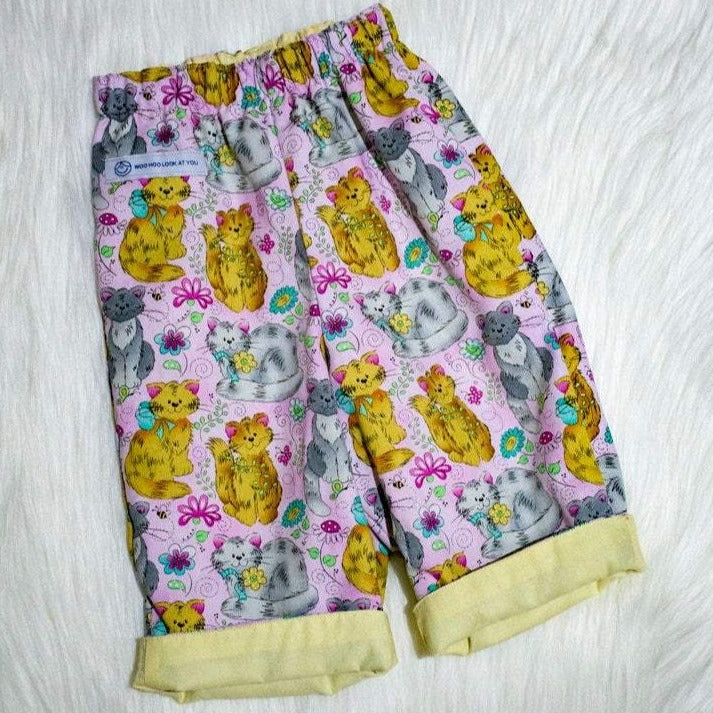 Pants - Buzoku Cotton - Lined - Pink Background, Orange and Grey Cats at Play with Lemon Yellow Trim