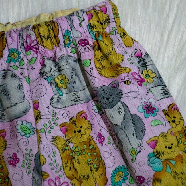 Pants - Buzoku Cotton - Lined - Pink Background, Orange and Grey Cats at Play with Lemon Yellow Trim