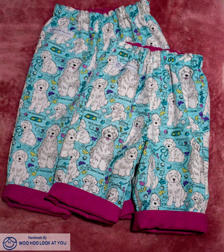 Pants - Buzoku Cotton - Lined - Scruffy White Dogs Playing on Blue with Burgundy Trim