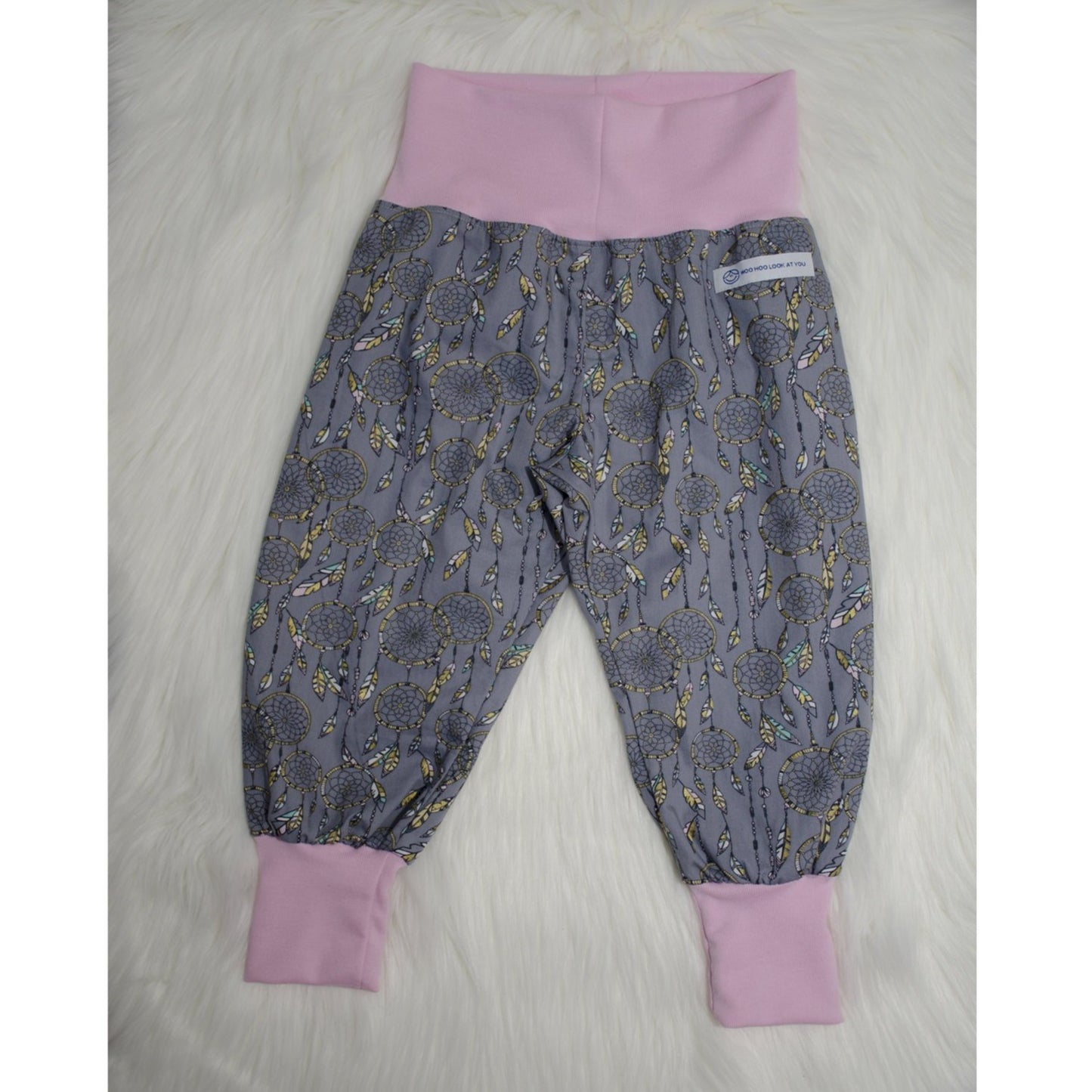 Pants - Harem - Ribbed Waist - Dark Grey Dreamcatchers with Pink Bands