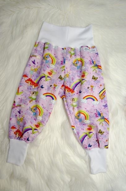 Pants - Harem - Ribbed Waist -  Pink Fairies & Rainbows with White Bands