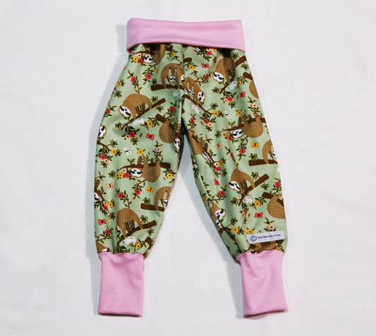 Pants - Harem - Buzoku Cotton - Jade Green Sloths with Pink Bands