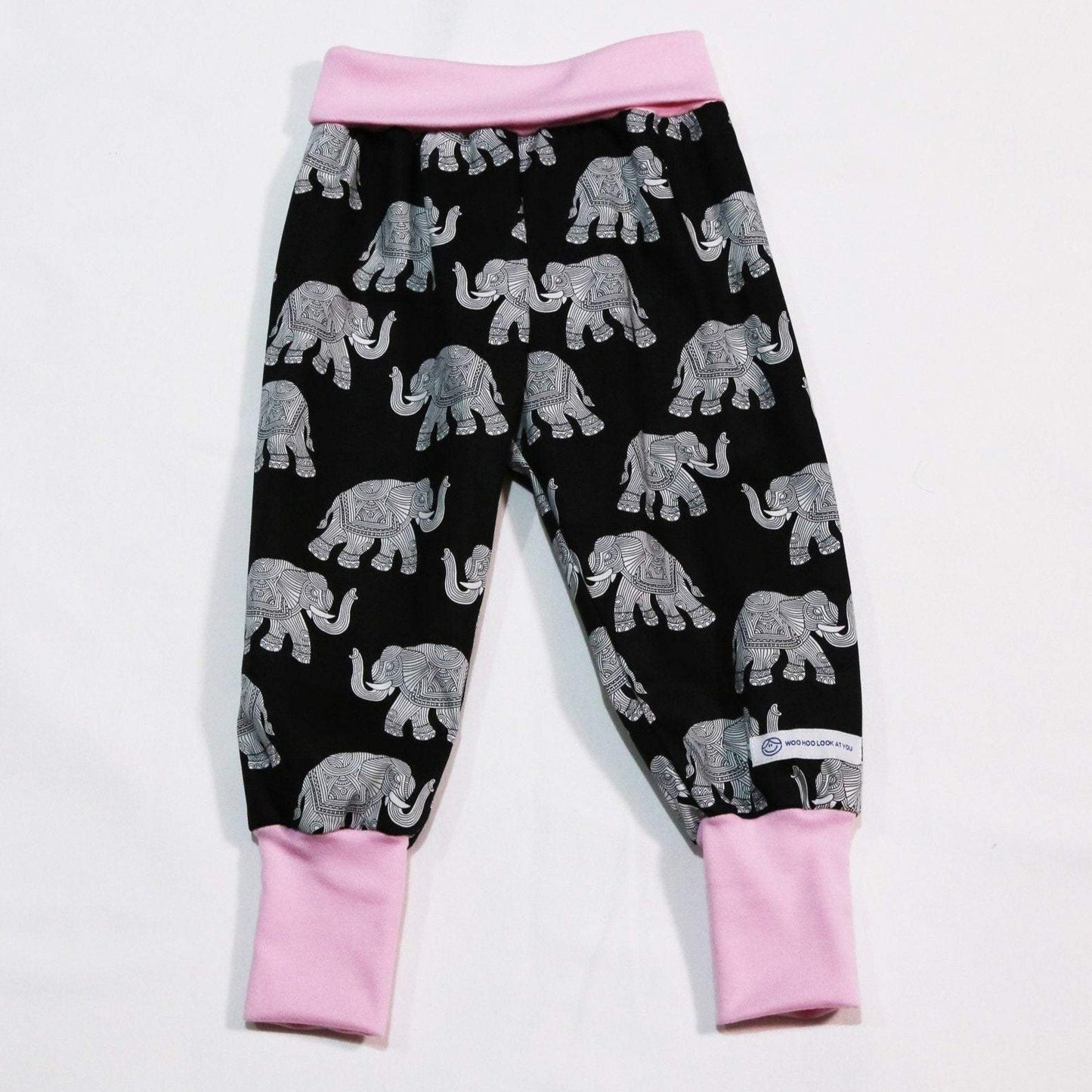 Pants - Harem - Ribbed Waist - Grey Elephants with Pink Bands