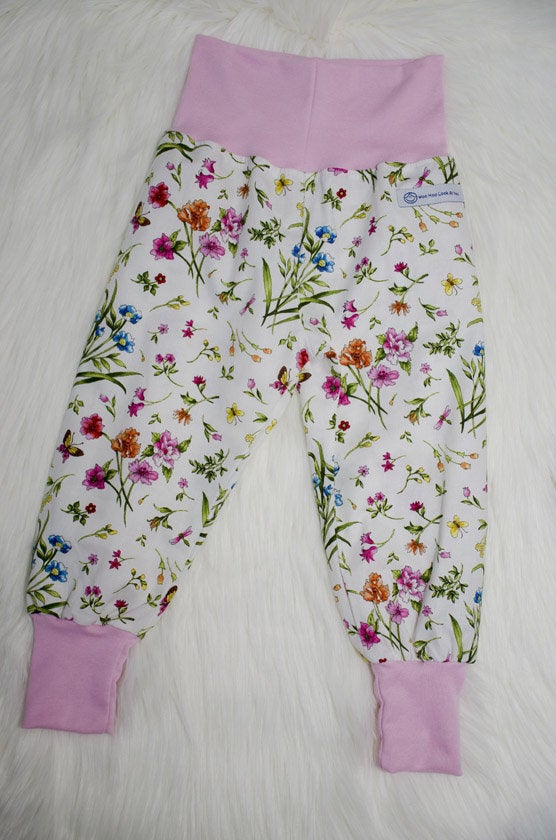 Pants - Harem - Ribbed Waist - Falling Flowers with Pink Bands