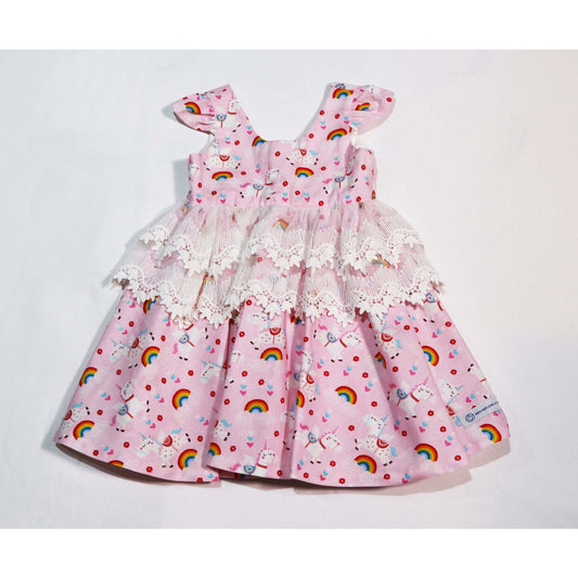 Dress - Capped Sleeves, Unicorns and Rainbows on Pink Fabric, Lace on Waistline