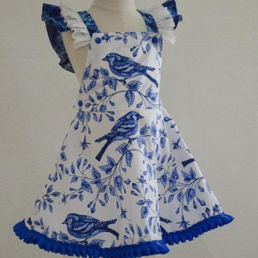 Dress - Pinafore - Blue Birds on Blue Branches on White with Blue Trim