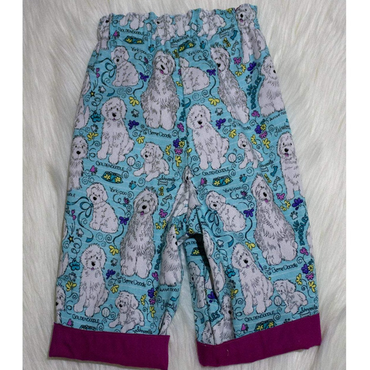 Pants - Buzoku Cotton - Lined - Scruffy White Dogs Playing on Blue with Burgundy Trim