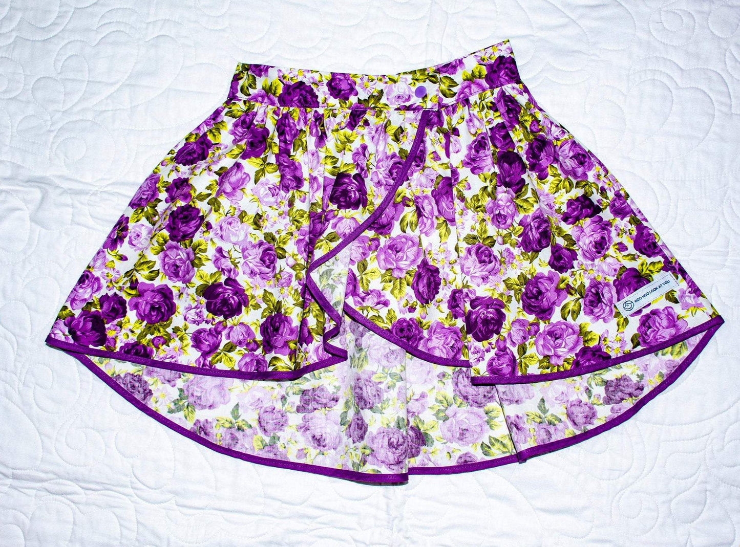 Skirt - Wrap -  Tadah Tulip Skirt-  Purple and Lilac Peony Roses on White