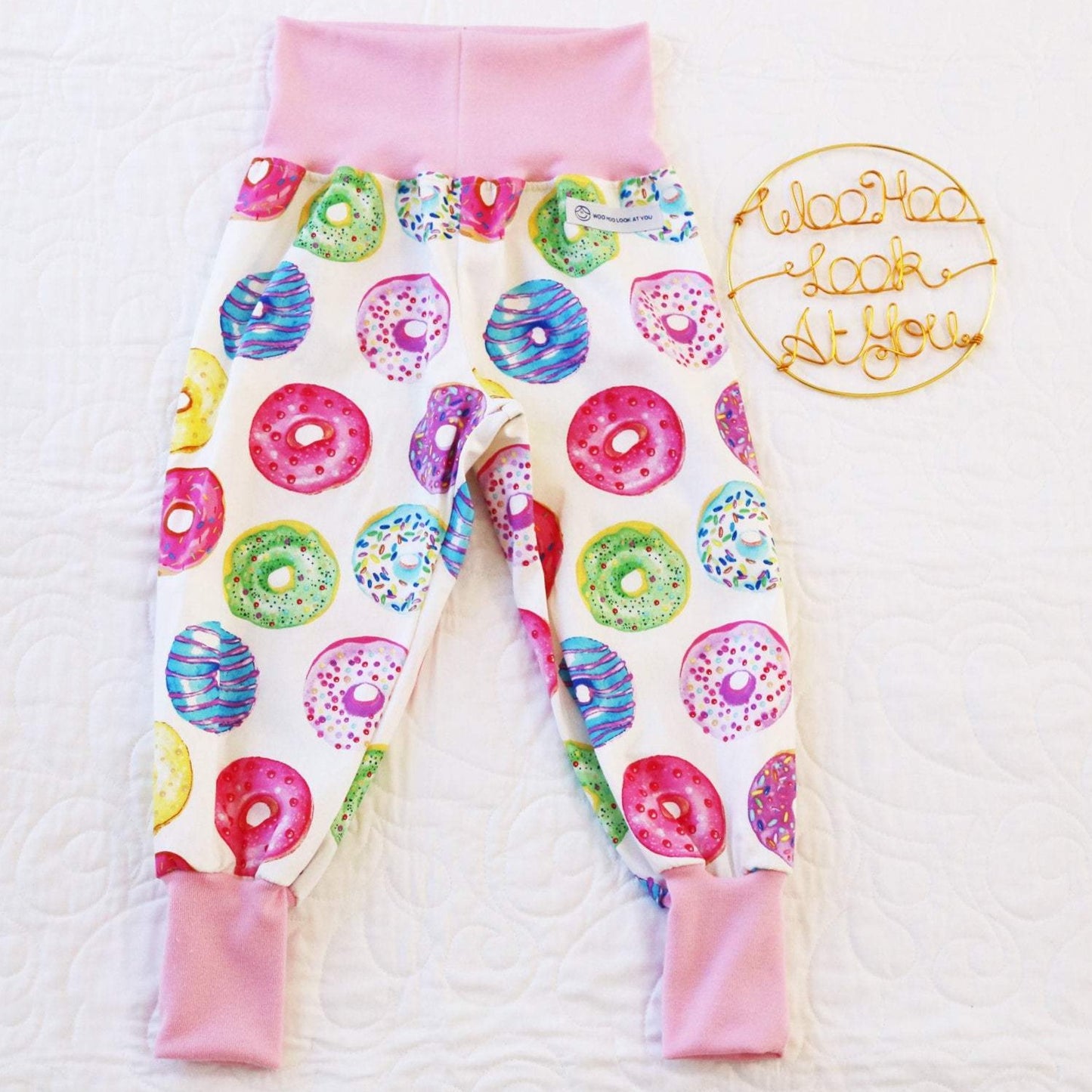 Pants - Harem - Buzoku Cotton - Donuts on White with Pink Bands