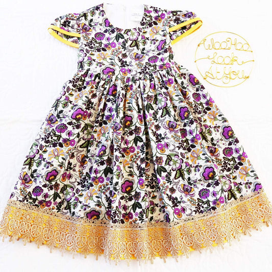 Dress - Exquisite Collection - Purple flowers, Yellow Bias Binding on Sleeve and Gold Lace Hemline