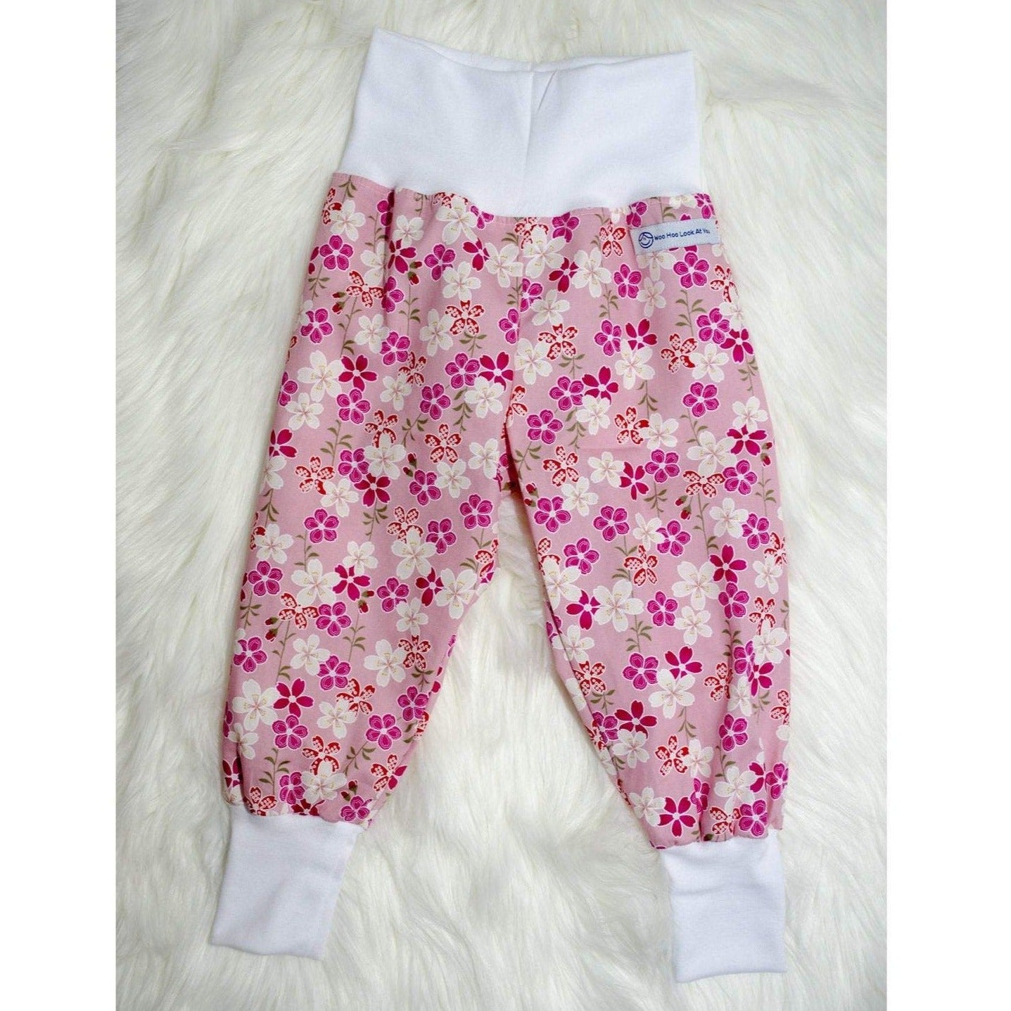 Pants - Harem - Ribbed Waist - Pink & White Frangipanis with White Bands