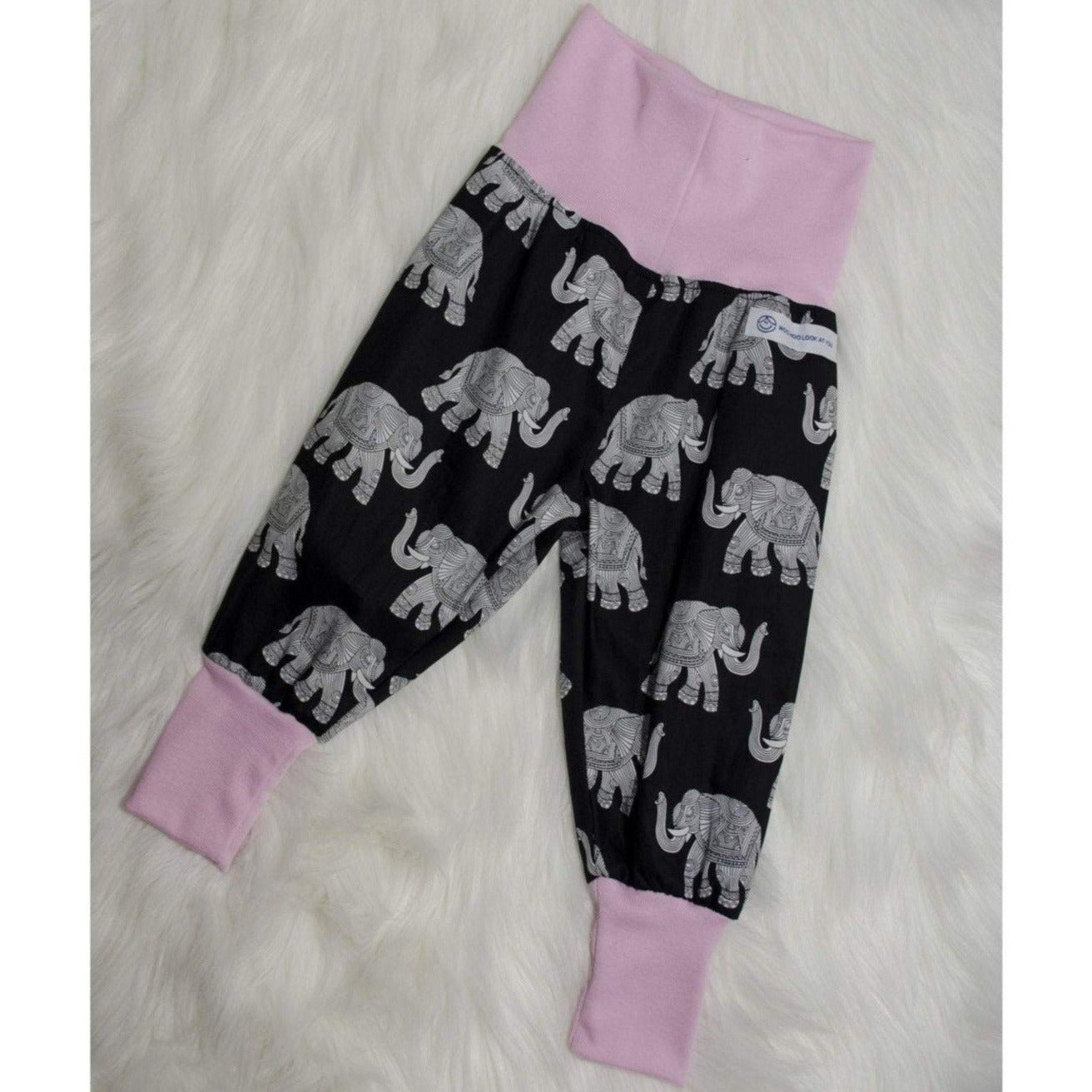 Pants - Harem - Ribbed Waist - Grey Elephants with Pink Bands