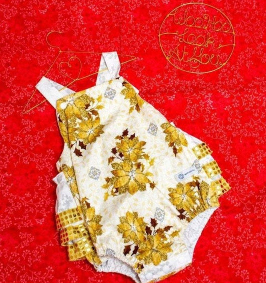 Romper - Christmas - Gold Poinsettias on Cream with Gold Sequins Ruffles on Bottom