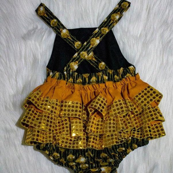 Romper - Christmas - Golden Christmas Baubles and Golden Sequin Ruffled Bottom