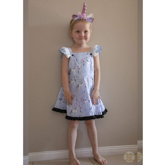 Dress - Pinafore - Ponies on Pale Blue with Pink Flowers - Black Satin Trim