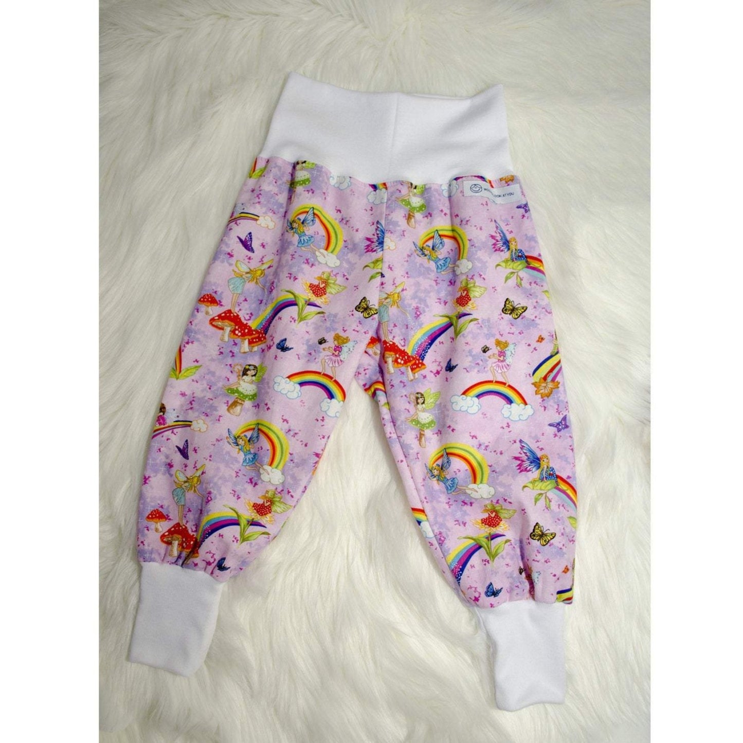 Pants - Harem - Ribbed Waist -  Pink Fairies & Rainbows with White Bands