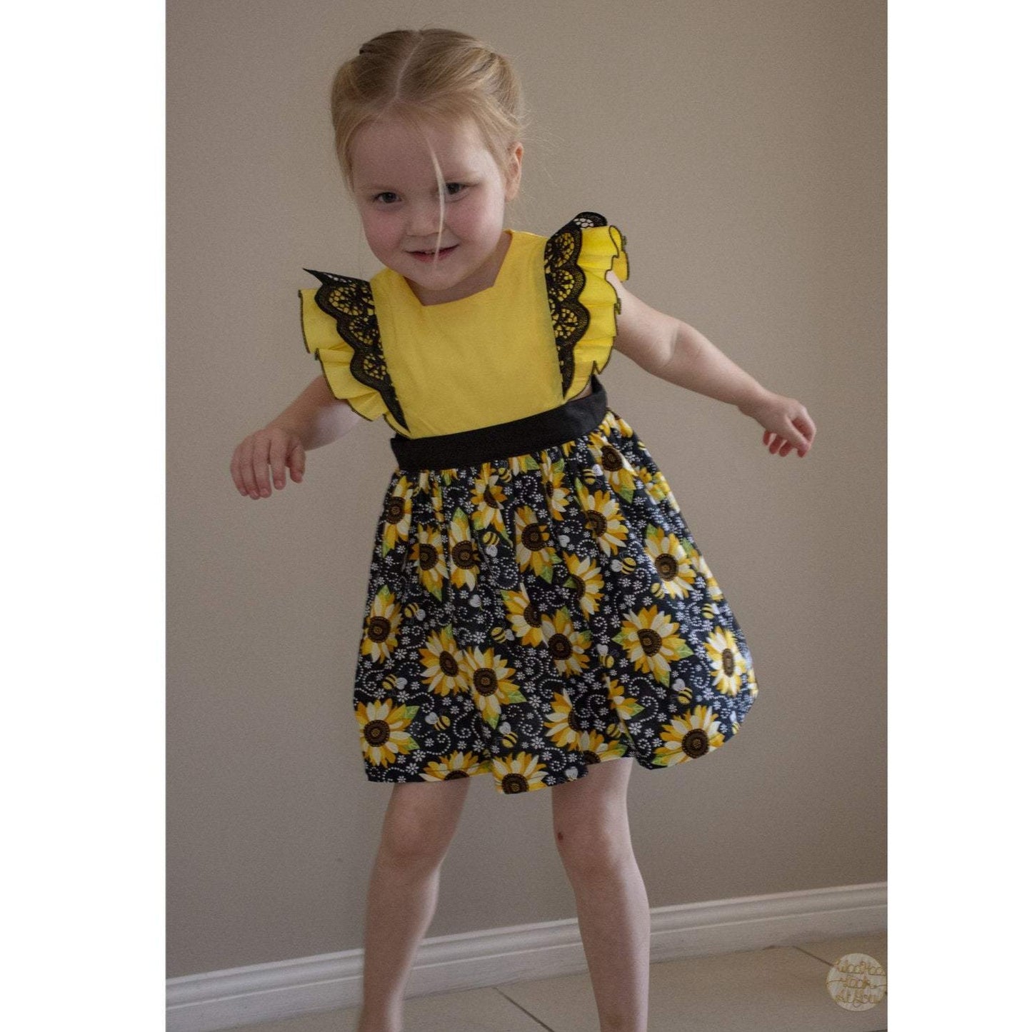 Pinafore - Emma Polly Sunflower with Black Lace Flutter