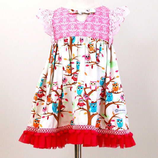 Dress - Maddie - Floral Pink Bodice, Colourful Owls on Cream, Lace & Pom Poms