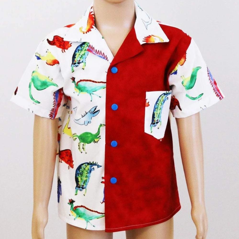 Shirt - Watercoloured Dinosaurs with Contrasting Front Panel