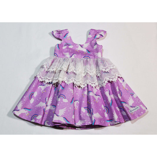 Dress - Capped Sleeves, Unicorns and Rainbows on Lilac Fabric, Lace on Waistline