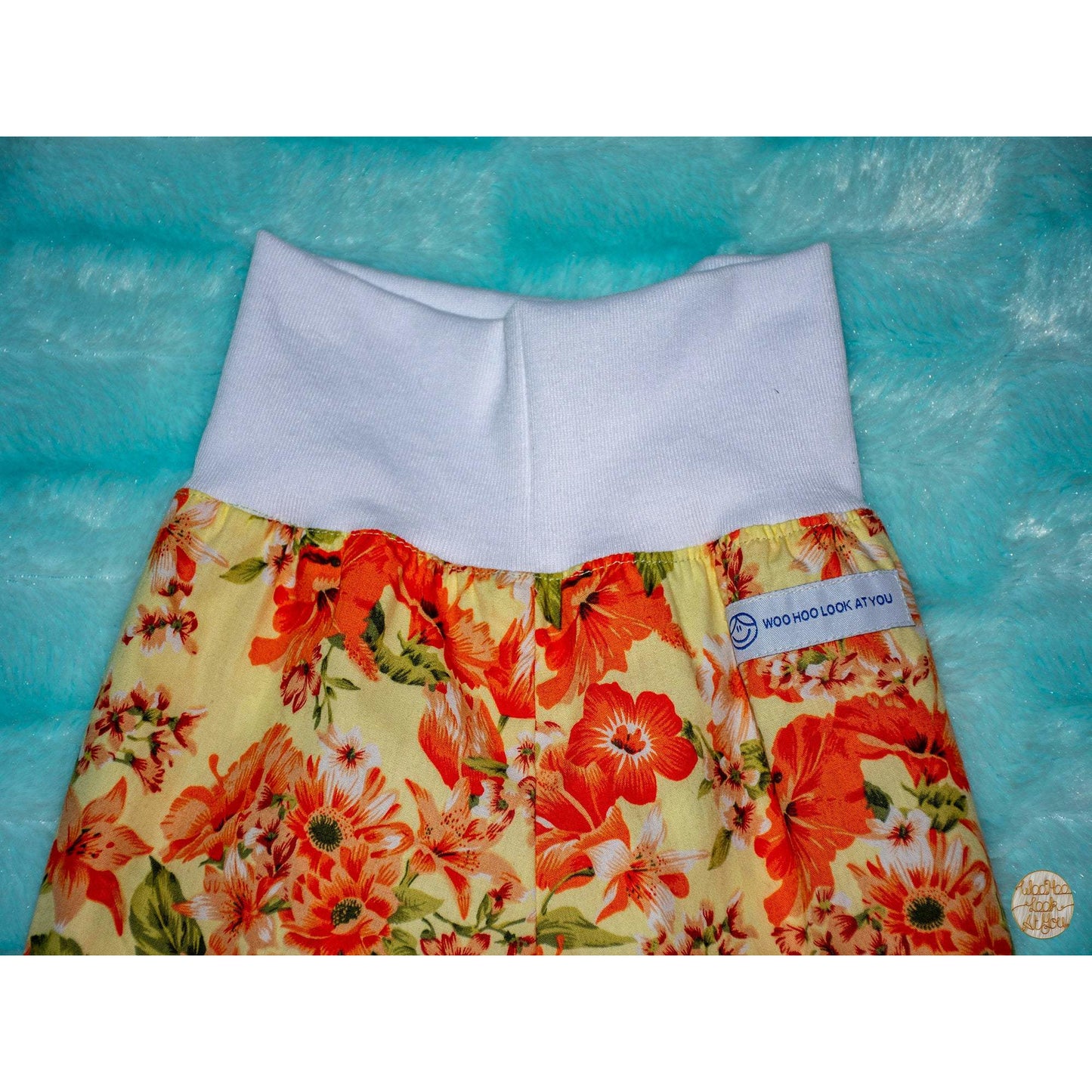 Pants - Harem - Ribbed Waist - Orange Daisies with White Bands