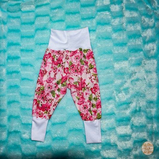 Pants - Harem - Ribbed Waist - Pink Flowers with White Bands