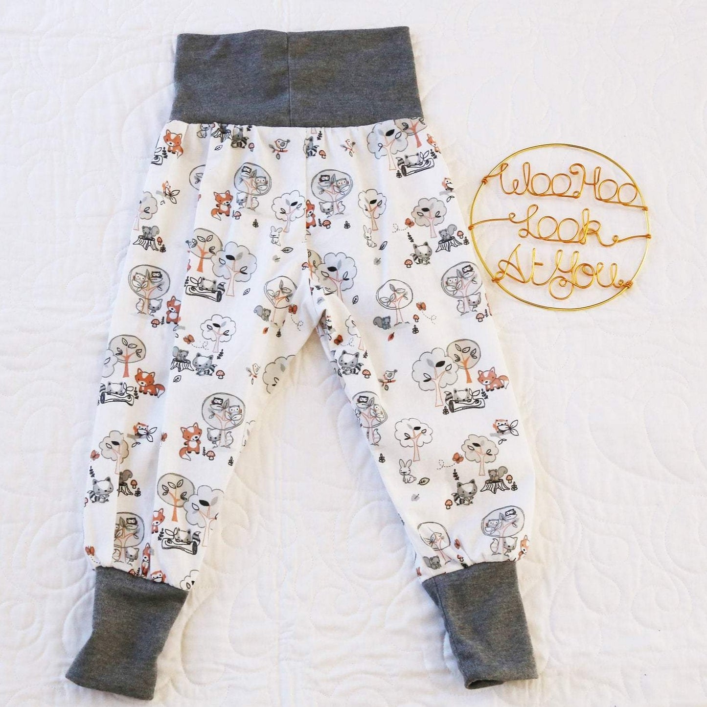 Pants - Harem - Ribbed Waist - Forest Animals on White with Grey Bands