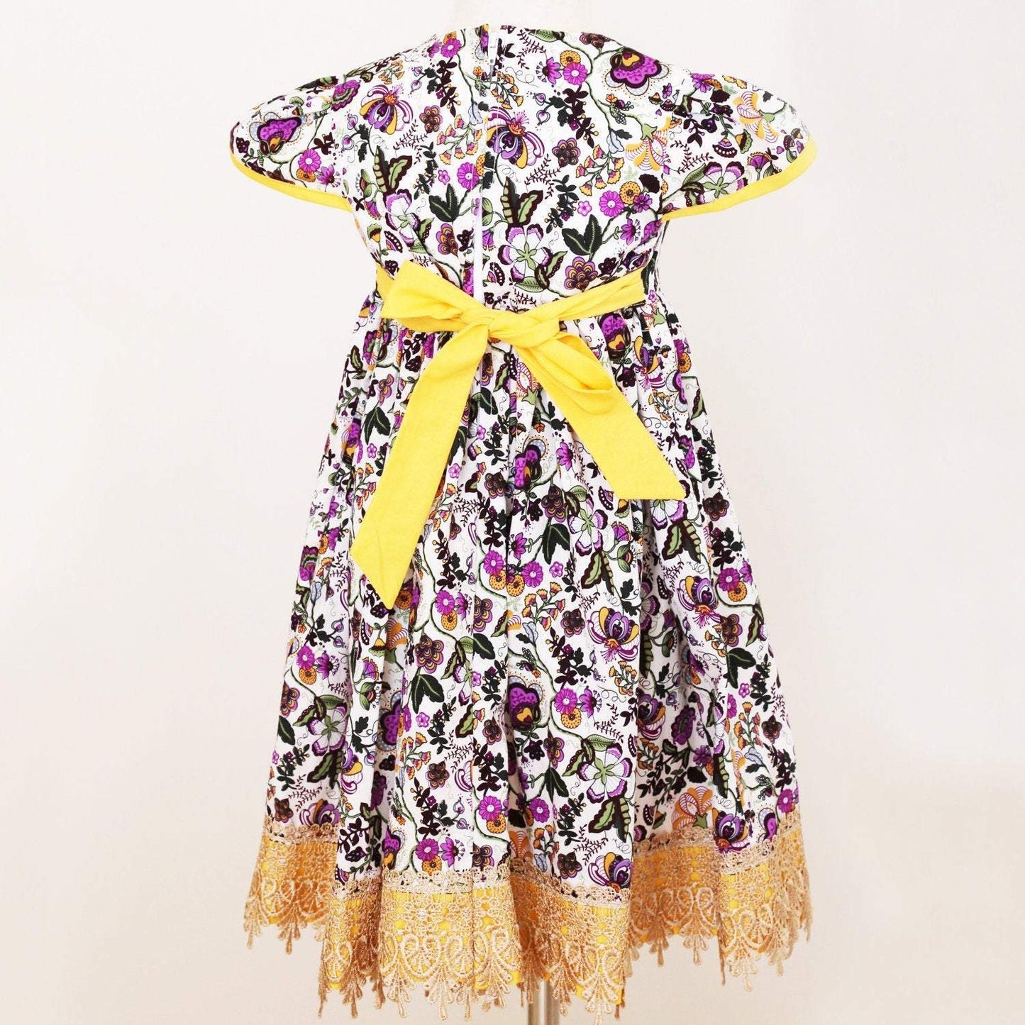 Dress - Exquisite Collection - Purple flowers, Yellow Bias Binding on Sleeve and Gold Lace Hemline