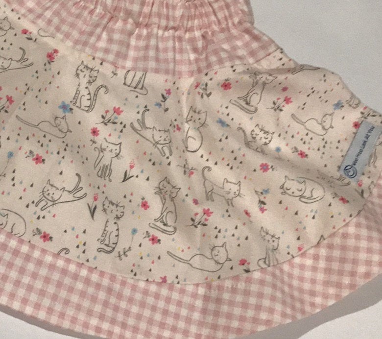 2 Piece Set - Skirt & Slip Ons - Cream Cats and Pink Gingham