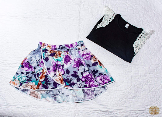 Skirt - Wrap -  Tadah Tulip Skirt-  Purple Chrysanthemum & Roses